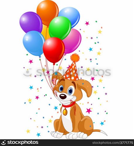 Cute Puppy with birthday balloons and party hat