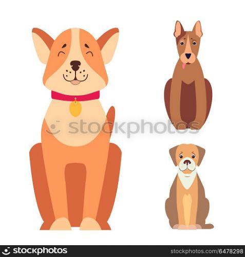 Cute Purebred Dogs Cartoon Flat Vectors Icons Set. Set of cute happy doggies sitting with smiling muzzle and hanging out tongue flat vector isolated on white. Lovely purebred pets illustration for animal friend concept, vet or shop ad. Cute Purebred Dogs Cartoon Flat Vectors Icons Set