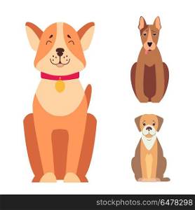 Cute Purebred Dogs Cartoon Flat Vectors Icons Set. Set of cute happy doggies sitting with smiling muzzle and hanging out tongue flat vector isolated on white. Lovely purebred pets illustration for animal friend concept, vet or shop ad. Cute Purebred Dogs Cartoon Flat Vectors Icons Set