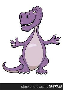 Cute purple cartoon dinosaur character with a happy toothy grin for mascot design