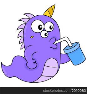 cute purple horned monster drinking from a glass straw