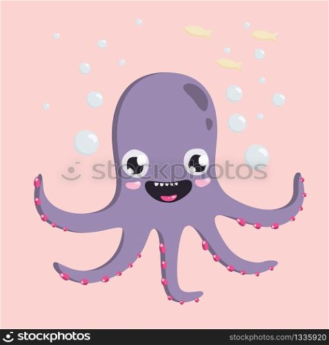 Cute purple octopus and yellow fish cartoon vector illustration. Cute purple octopus and yellow fish cartoon