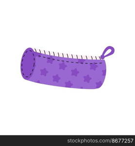 Cute purple pencil case with stars of September 1, go to school. Supplies case. Children's cute stationery subjects. Back to school, college, education, study.	