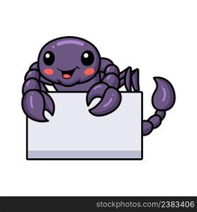 Cute purple scorpion cartoon with blank sign