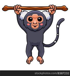 Cute pygmy marmoset monkey cartoon hanging on tree