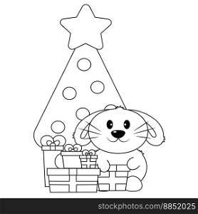 Cute Rabbit and Christmas tree and gift box in black and white