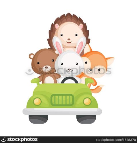 Cute rabbit, bear, fox and hedgehog travel in green car. Graphic element for childrens book, album, scrapbook, postcard, mobile game. Zoo theme. Flat vector illustration isolated on white background.
