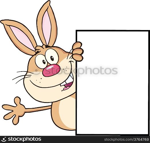 Cute Rabbit Cartoon Character Looking Around A Blank Sign And Waving