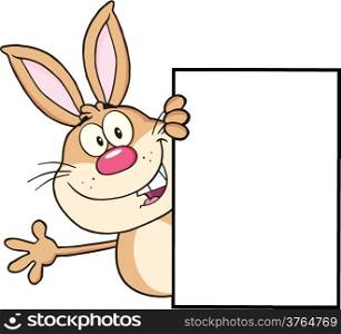 Cute Rabbit Cartoon Character Looking Around A Blank Sign And Waving