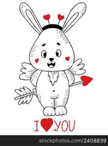 Cute rabbit character cupid with wings and an arrow with heart. Vector illustration in hand drawn linear doodle style. Funny animal for design and decoration, postcards and valentines