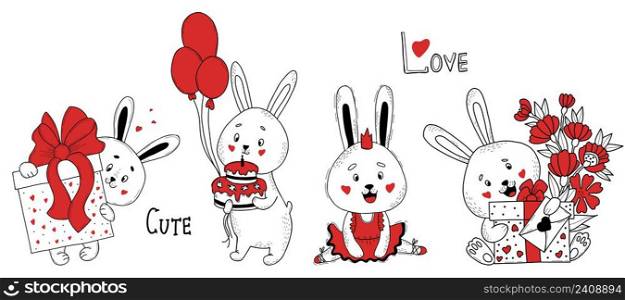 Cute rabbit character set. love hare with bouquet, letter and gift, with box, cake and balloons, bunny ballerina in dress and crown. Vector illustration. for design, decor, greeting and Easter cards