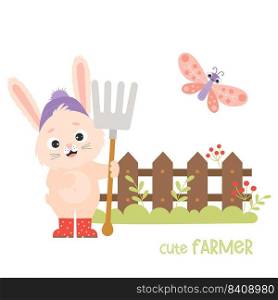 Cute rabbit farmer. Funny bunny in rubber boots with garden tool with pitchfork near wooden fence with butterfly. Vector illustration for kids collection, postcards, design, farm decor and prints