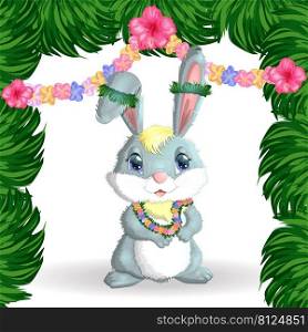Cute rabbit, hare in Hawaiian clothes dancing hula. Wreath and garland of flowers, beach, vacation, vacation concept. Symbol of 2023. Cute rabbit, hare in Hawaiian clothes dancing hula. Wreath and garland of flowers, beach, vacation, vacation concept.