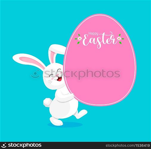 Cute rabbit holding egg shape paper. Special offer for Easter. Easter eggs hanging, illustration isolated on blue background. Great for your design of poster, greeting card and banner.