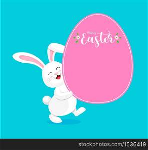 Cute rabbit holding egg shape paper. Special offer for Easter. Easter eggs hanging, illustration isolated on blue background. Great for your design of poster, greeting card and banner.