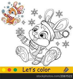 Cute rabbit in a Christmas hat with snowflakes. Cartoon rabbit character. Vector isolated illustration. Coloring book with colored exemple. For card, poster, design, stickers, decor,kids apparel. Coloring cute happy Christmas bunny vector illustration