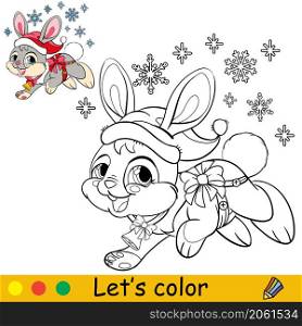 Cute rabbit in a Christmas hat with snowflakes. Cartoon rabbit character. Vector isolated illustration. Coloring book with colored exemple. For card, poster, design, stickers, decor,kids apparel. Coloring cute happy Christmas rabbit vector illustration