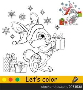 Cute rabbit in a Christmas hat with snowflakes. Cartoon rabbit character. Vector isolated illustration. Coloring book with colored exemple. For card, poster, design, stickers, decor,kids apparel. Coloring cute little Christmas rabbit vector illustration