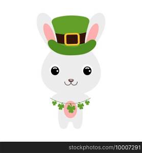 Cute rabbit in green leprechaun hat. Cartoon sweet animal with clovers. Vector St. Patrick’s Day illustration on white background. Irish holiday folklore theme.