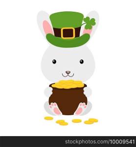 Cute rabbit in green leprechaun hat with clover holds bowler with gold coins. Cartoon sweet animal. Vector St. Patrick’s Day illustration on white background. Irish holiday folklore theme.