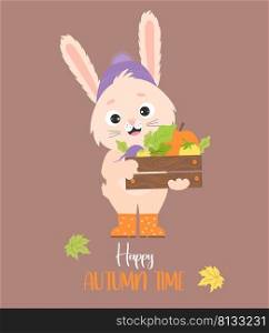 Cute rabbit in rubber boots with box of autumn vegetables. Vector illustration. Autumn card with funny bunny character farmer and inscription - Happy autumn time - for design, print, postcards, flyers