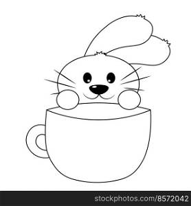 Cute Rabbit looks in Cup. Draw illustration in black and white