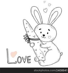 Cute rabbit with big carrot. Vector illustration. Postcard in linear doodle style. Funny animal for design and decoration, print and baby collection, valentines and greeting cards