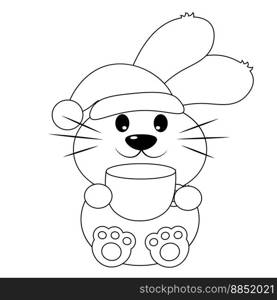 Cute Rabbit with cup coffee. Draw illustration in black and white