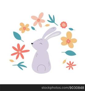 Cute rabbit with flowers and herbs. Baby composition with bunny. Hand drawn hare view from back, clip art. Animal and botanical elements, spring and summer decor. Flat, vector illustration. Cute rabbit with flowers and herbs