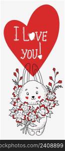 Cute rabbit with large bouquet of flowers, big heart and text - I love you. Vertical Vector illustration in hand drawn doodles style. Funny animal for design and decoration, cards for Valentines Day