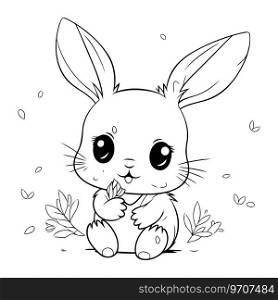 Cute rabbit with leaves. Vector illustration for coloring book or page.