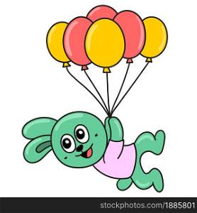 cute rabbits are being carried flying with lots of balloons. vector illustration of cartoon doodle sticker draw