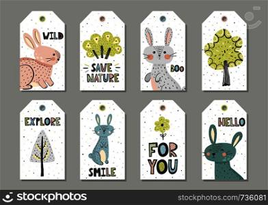 Cute rabbits gift tags set in scandinavian style. Vector illustration