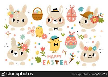 Cute rabbits heads. Funny bunny muzzles with flowers tiaras and headbands, baby animals and little birds, easter spring holiday. Happy festive chickens and colored eggs. Vector cartoon isolated set. Cute rabbits heads. Funny bunny muzzles with flowers tiaras and headbands, baby animals and little birds, easter spring holiday. Chickens and colored eggs. Vector cartoon isolated set