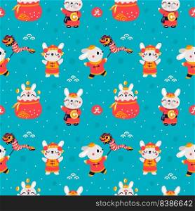 Cute rabbits seamless pattern. New Year China horoscope symbols. Bunny with national costumes. Lucky holiday signs. Zodiac animal characters. Coin pouch. Prosperity talismans. Garish vector background. Cute rabbits seamless pattern. New Year China horoscope symbols. Bunny with national costumes. Lucky holiday signs. Prosperity talismans. Zodiac animal characters. Garish vector background