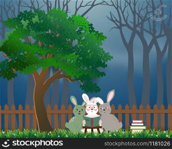 Cute rabbits the gang reading books under the tree,background for World book day or International Education Week,vector illustration