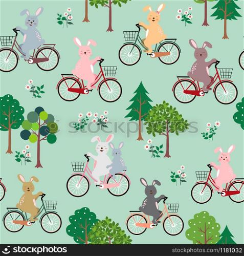Cute rabbits the gang with bicycle happy in the garden seamless pattern for kid product,fashion,fabric,textile,print or wallpaper,vector illustration
