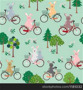 Cute rabbits the gang with bicycle happy in the garden seamless pattern for kid product,fashion,fabric,textile,print or wallpaper,vector illustration
