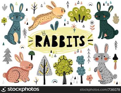 Cute rabbits, trees, plants and other hand drawn elements in Scandinavian style. Vector illustration