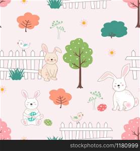 Cute rabbits with Easter eggs in the garden seamless pattern for kid product,t-shirt,gift,print,fabric or textile,vector illustration