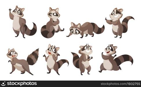 Cute raccoon. Amuse cartoon wild forest animal with tail and paws standing in funny poses. Zoological isolated collection. Fluffy mascot with various emotion expressions. Vector woodland creatures set. Cute raccoon. Cartoon wild forest animal with tail and paws standing in funny poses. Zoological collection. Fluffy mascot with various emotion expressions. Vector woodland creatures set