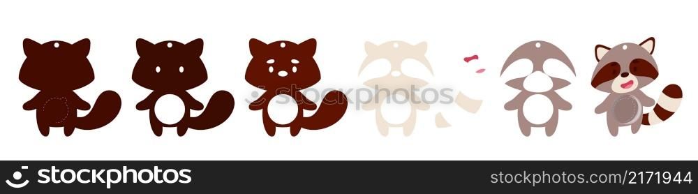 Cute raccoon candy ornament. Layered paper decoration treat holder for dome. Hanger for sweets, candy for birthday, baby shower, halloween, christmas. Print, cut out, glue. Vector stock illustration