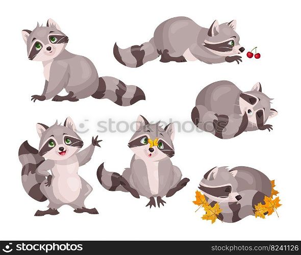 Cute raccoon characters set. Vector illustrations of small wild forest animals. Cartoon funny poses of sleeping, playing, waving adorable raccoon isolated on white. Woodland, nature, mascot concept. Cute raccoon characters set