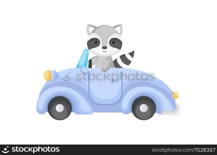 Cute raccoon driver on blue car. Graphic element for childrens book, album, scrapbook, postcard or mobile game. Flat vector illustration isolated on white background.