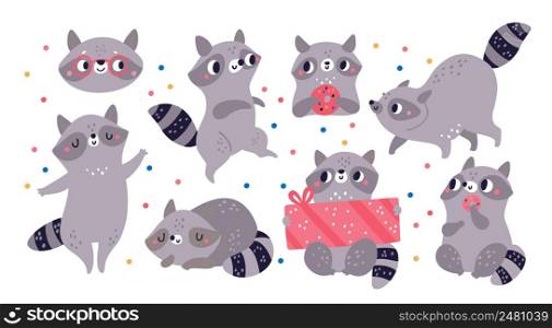 Cute raccoon. Funny little animal mascots. Different poses, emotions and actions. Forest wildlife characters with presents or donuts. Smiling muzzle. Woodland mammals. Vector cartoon little beasts set. Cute raccoon. Funny little animal mascots. Different poses, emotions and actions. Forest characters with presents or donuts. Smiling muzzle. Woodland mammals. Vector cartoon beasts set