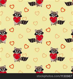 Cute raccoon hold a red heart seamless pattern.