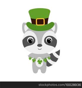 Cute raccoon in green leprechaun hat. Cartoon sweet animal with clovers. Vector St. Patrick’s Day illustration on white background. Irish holiday folklore theme.
