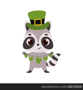 Cute raccoon in green leprechaun hat with clover. Irish holiday folklore theme. Cartoon design for cards, decor, shirt, invitation. Vector stock illustration.