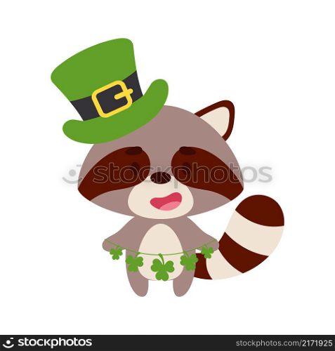 Cute raccoon in St. Patrick&rsquo;s Day leprechaun hat holds shamrocks. Irish holiday folklore theme. Cartoon design for cards, decor, shirt, invitation. Vector stock illustration.