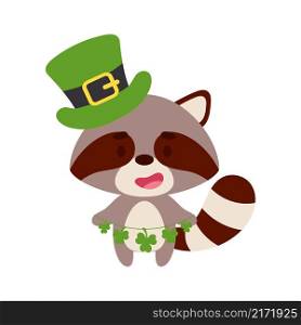 Cute raccoon in St. Patrick&rsquo;s Day leprechaun hat holds shamrocks. Irish holiday folklore theme. Cartoon design for cards, decor, shirt, invitation. Vector stock illustration.